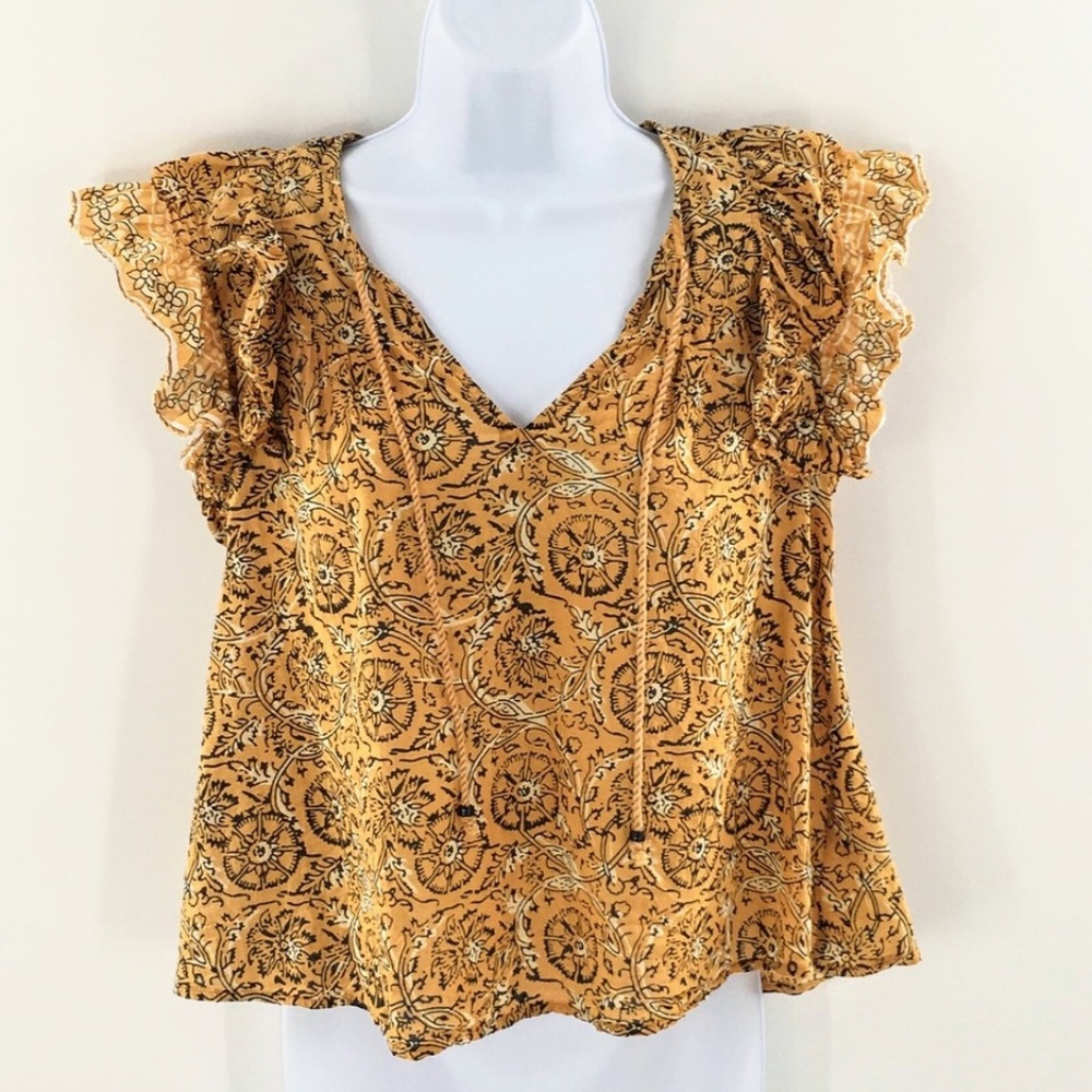 House of Harlow Zoey Top Mustard Yellow Short Sleeve Ruffle Peasant Blouse Sz XS